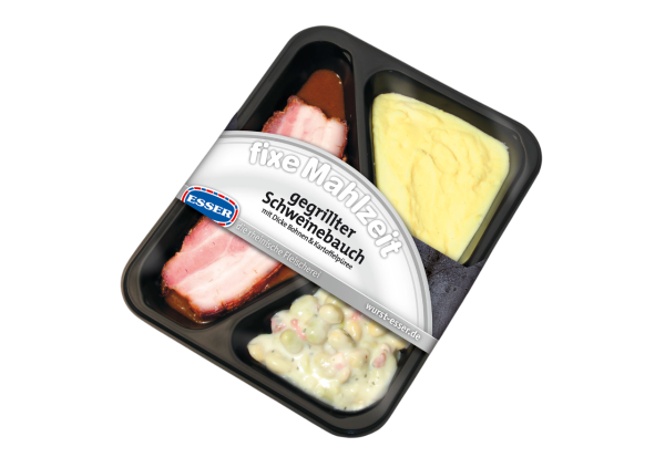 gegrillter Schweinebauch mit dicken Bohnen und Kartoffelpüree